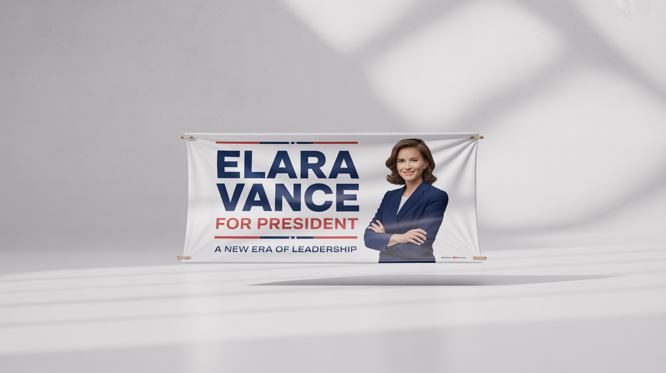 A mockup of a presidential campaign banner for a fictional candidate named 'Elara Vance', with her portrait and the slogan 'A New Era of Leadership'.