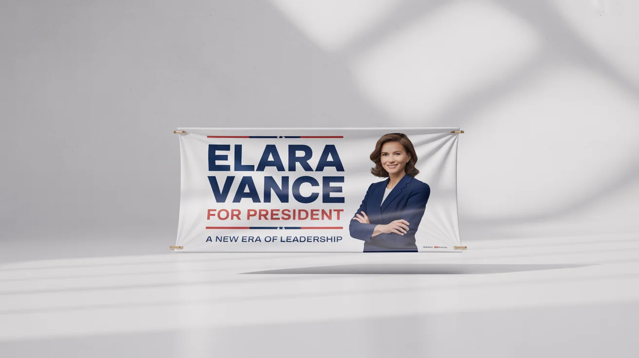 A mockup of a presidential campaign banner for a fictional candidate named 'Elara Vance', with her portrait and the slogan 'A New Era of Leadership'.
