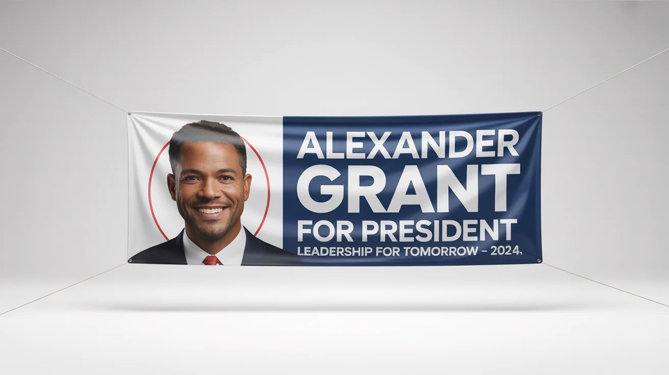 A professionally designed presidential campaign banner for candidate Alexander Grant, with the slogan 'Leadership for Tomorrow', set against a white background.