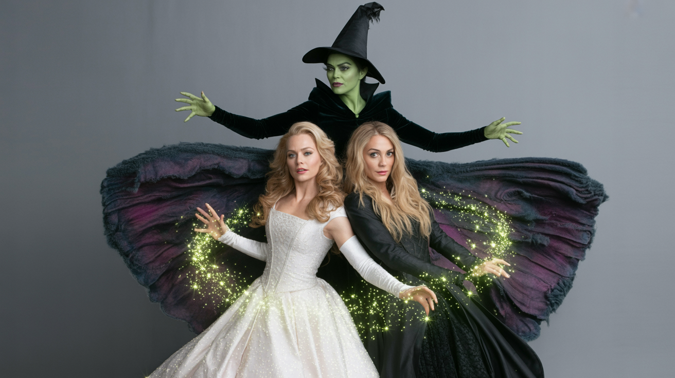 A theatrical poster for the musical 'Wicked' in a 16:9 aspect ratio. It features a dramatic design with a green-skinned witch and a blonde witch, with the word 'WICKED' in large, stylized green and black letters at the top against a swirling dark sky.