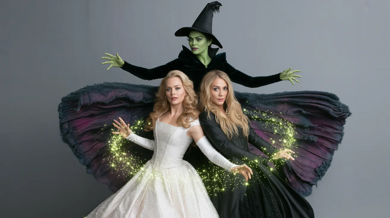 A theatrical poster for the musical 'Wicked' in a 16:9 aspect ratio. It features a dramatic design with a green-skinned witch and a blonde witch, with the word 'WICKED' in large, stylized green and black letters at the top against a swirling dark sky.