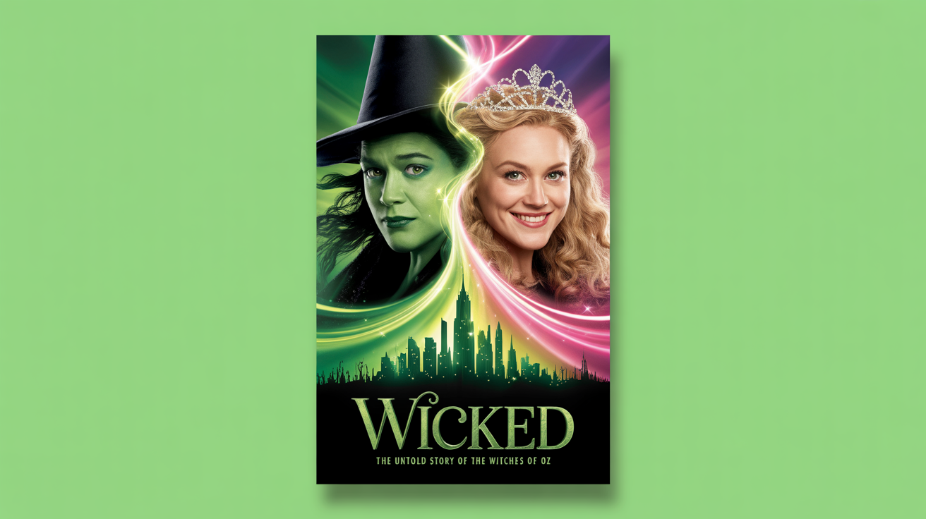A theatrical poster mockup for the musical 'Wicked', showing the split faces of the green-skinned Elphaba and the blonde Glinda against a glowing Emerald City backdrop. The title 'Wicked' is prominently displayed.