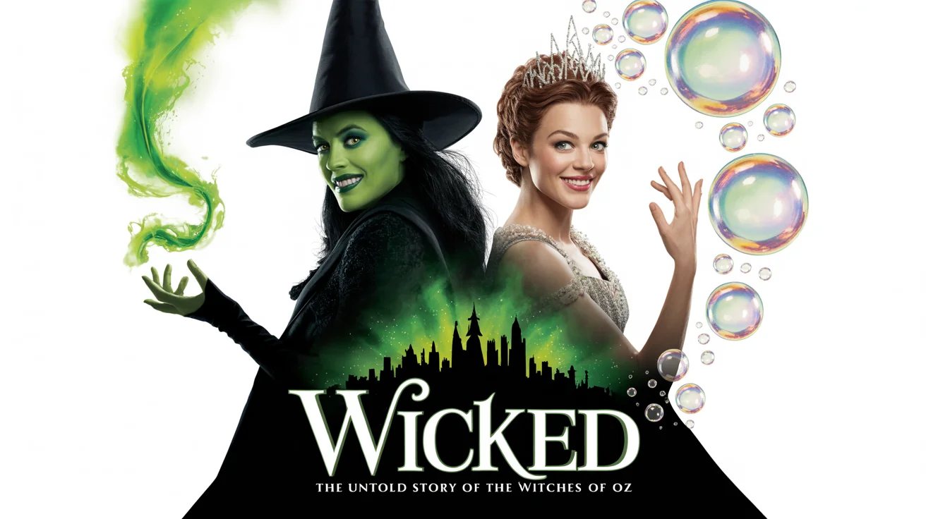 A theatrical poster for the musical 'Wicked,' featuring a split design with Elphaba on one side and Glinda on the other, set against the Emerald City skyline.