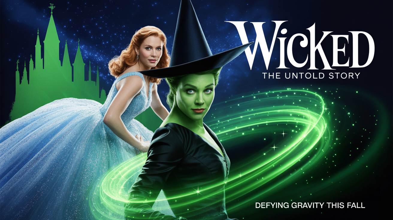 A theatrical poster mockup for the musical 'Wicked', featuring Elphaba and Glinda against an Emerald City backdrop, with the title 'WICKED' at the top.