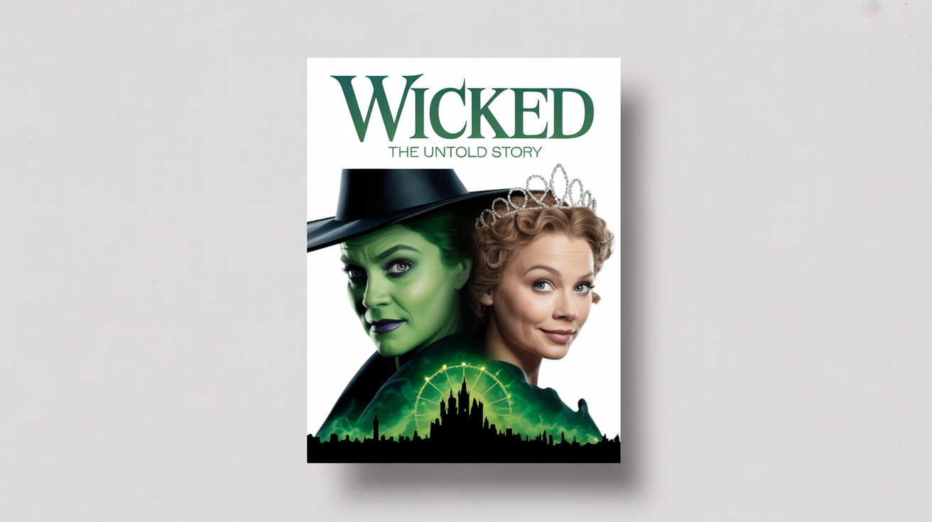 A mockup of a poster for the musical 'Wicked' on a white background. The poster shows a split-face portrait of Elphaba, the green witch, and Glinda, the good witch, with the glowing Emerald City behind them. The title 'WICKED' is at the top.