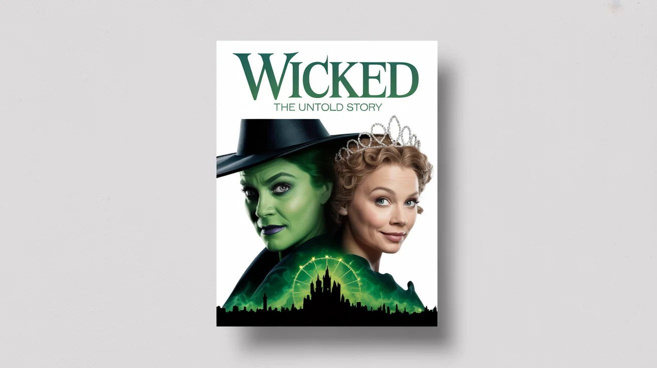 A mockup of a poster for the musical 'Wicked' on a white background. The poster shows a split-face portrait of Elphaba, the green witch, and Glinda, the good witch, with the glowing Emerald City behind them. The title 'WICKED' is at the top.