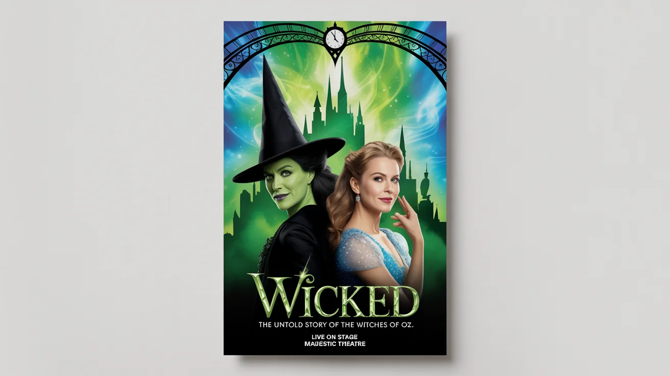 A theatrical poster mockup for the musical 'Wicked', featuring Elphaba and Glinda in front of the Emerald City, displayed on a white background.