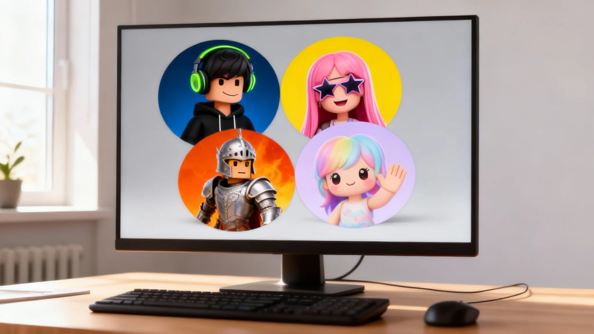 A collage of four finished, high-quality Roblox-style profile pictures showcasing different character designs, including a gamer, a stylish girl, a knight, and a whimsical character, all set against colorful circular backgrounds.