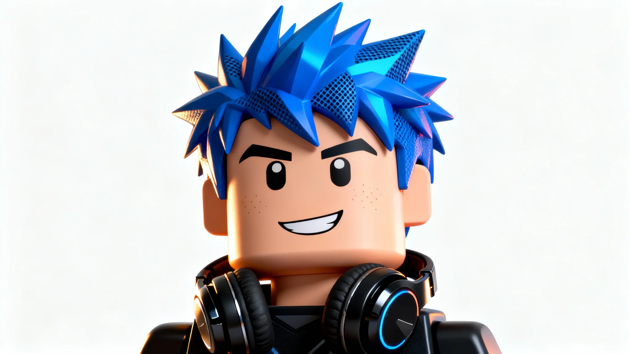 A 3D rendered close-up of a Roblox avatar for a profile picture. The male character has spiky blue hair, is wearing headphones, and has a confident smirk against a plain white background.