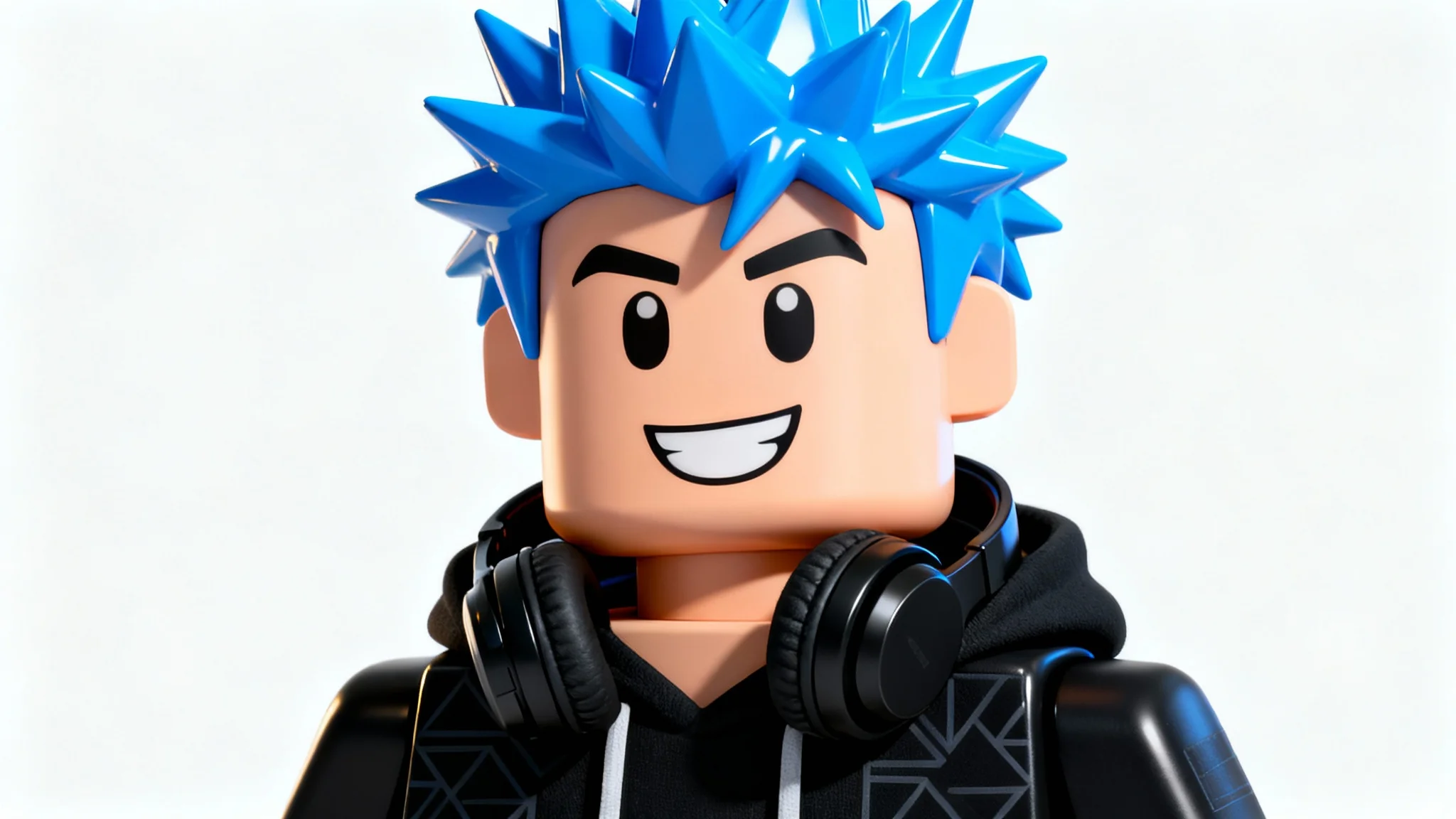 A 3D rendered GFX-style Roblox profile picture of a male avatar with blue hair and a black hoodie, posing confidently against a plain white background.