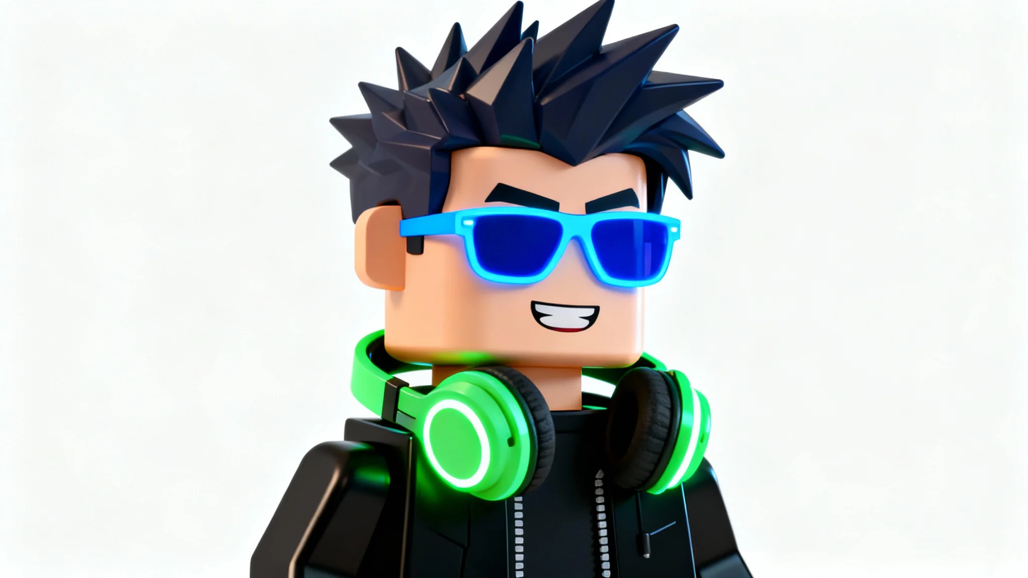 A 3D rendered Roblox-style avatar profile picture of a male character with spiky hair, neon sunglasses, and headphones, set against a solid white background.