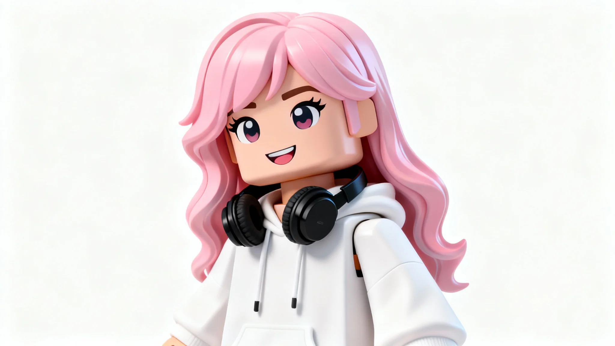 A 3D rendered Roblox profile picture of a female character with long pastel pink hair, wearing a white hoodie and headphones, smiling against a plain white background.