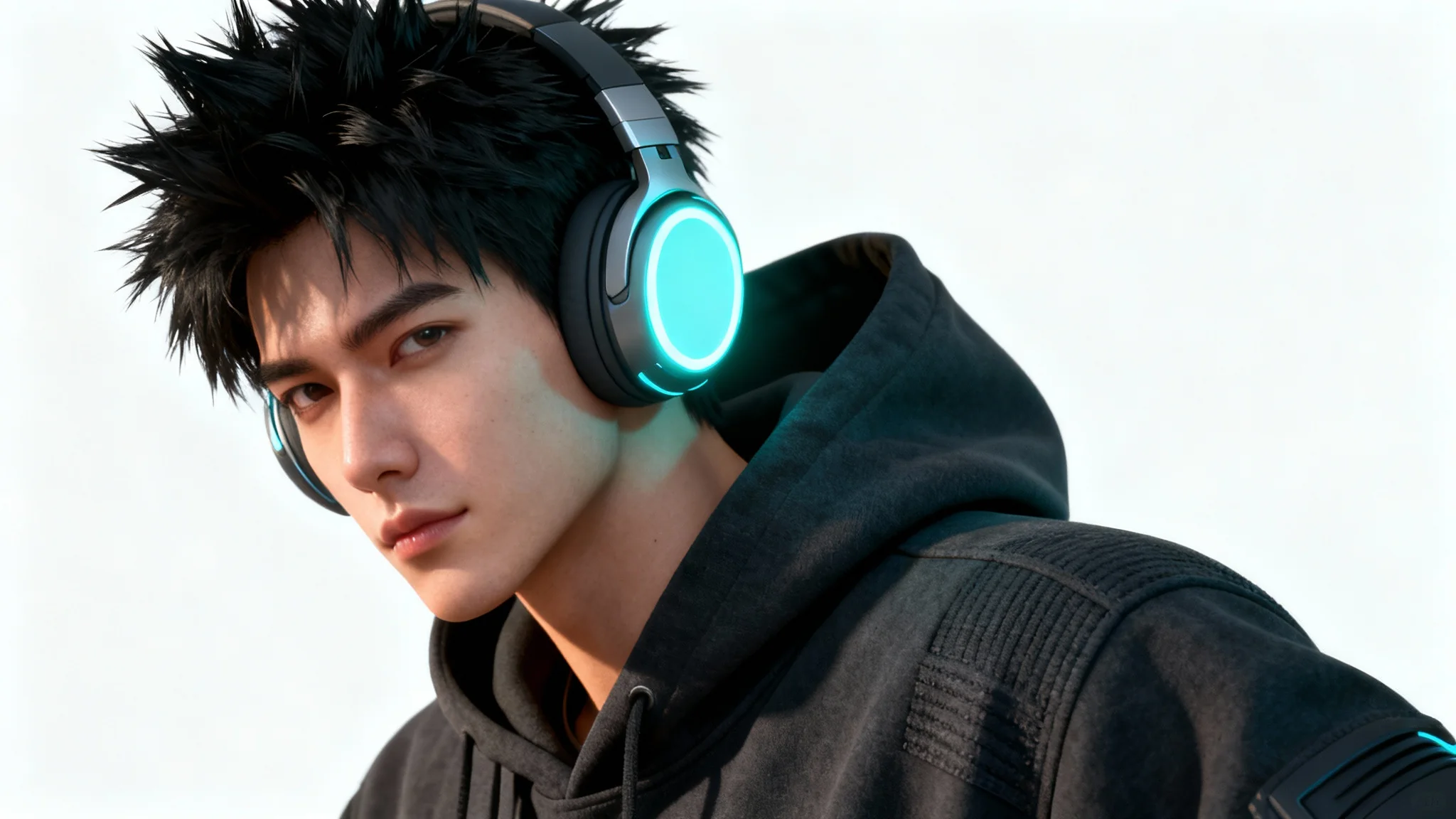 A detailed GFX render of a Roblox avatar for a profile picture, showing a male character in a dark hoodie with glowing cyan headphones against a solid white background.