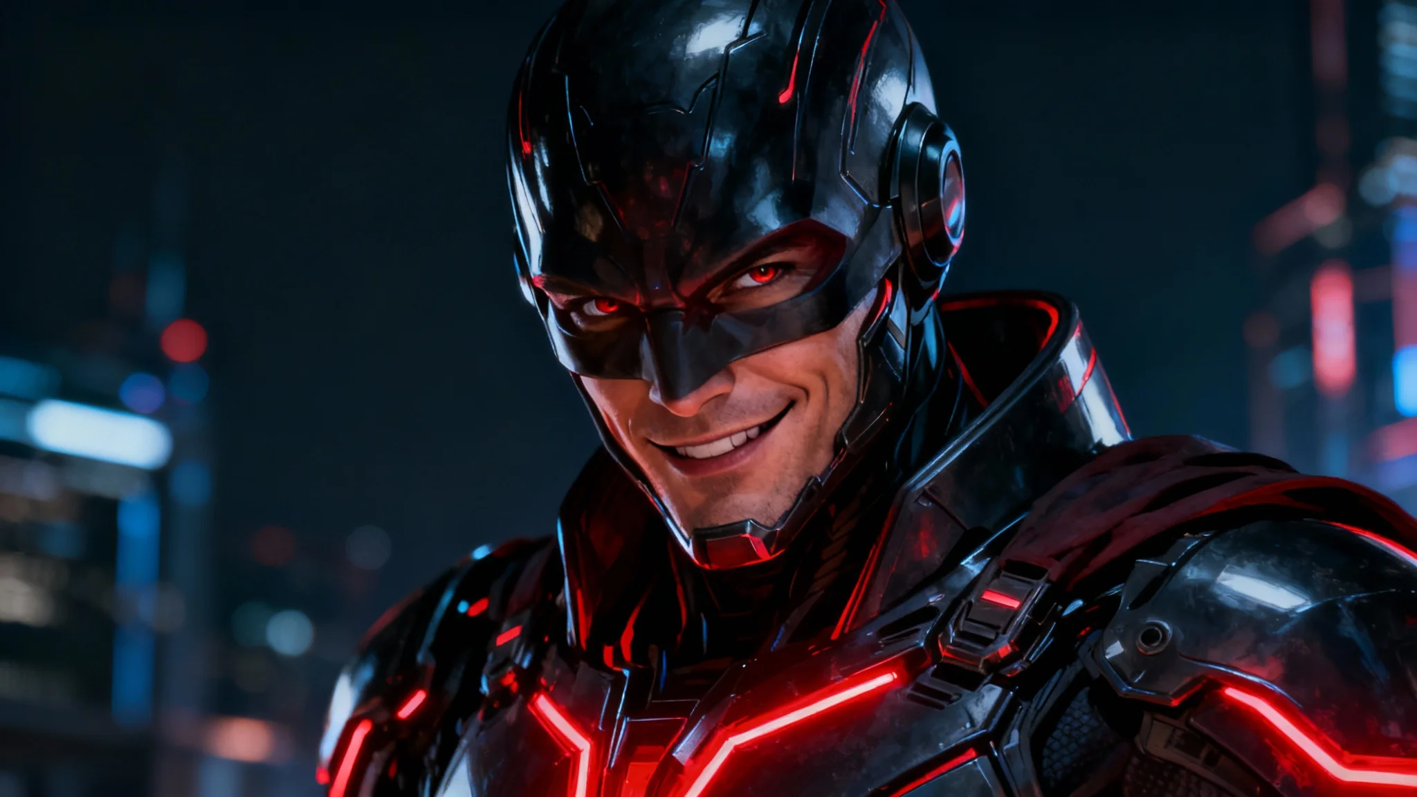 A photorealistic, cinematic portrait of a male sci-fi villain in sleek dark armor with red glowing lights, smirking menacingly in front of a dark, futuristic city background.