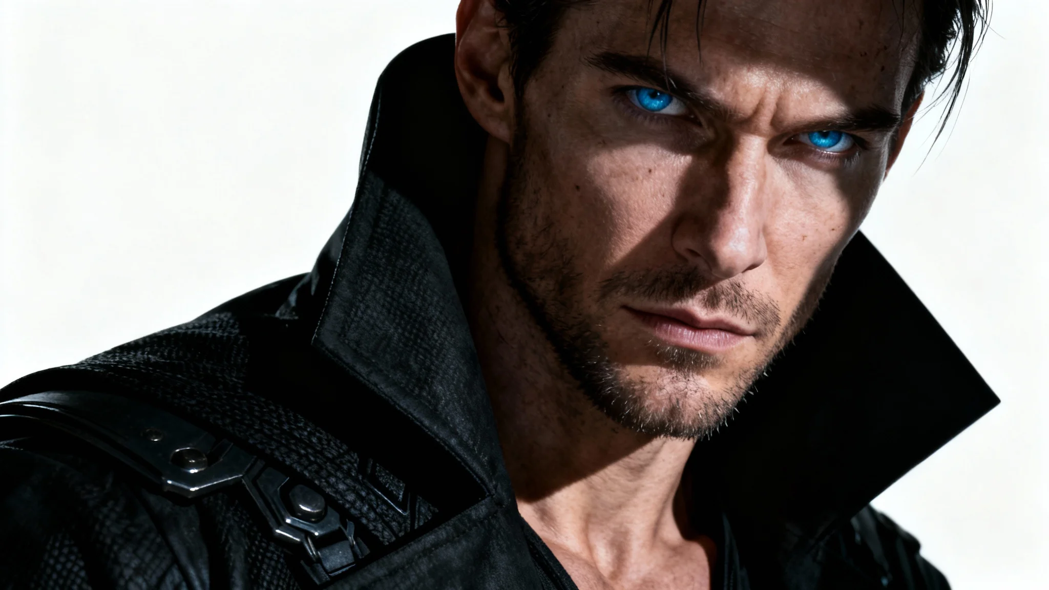 A hyper-realistic portrait of a menacing villain in a black coat, with one side of his face in shadow, staring intently forward against a clean white background.