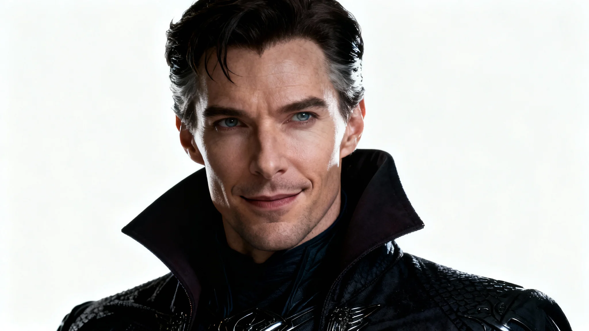 A highly detailed digital illustration of a charismatic villain from the chest up, smirking slightly and wearing a dark, ornate costume against a plain white background.
