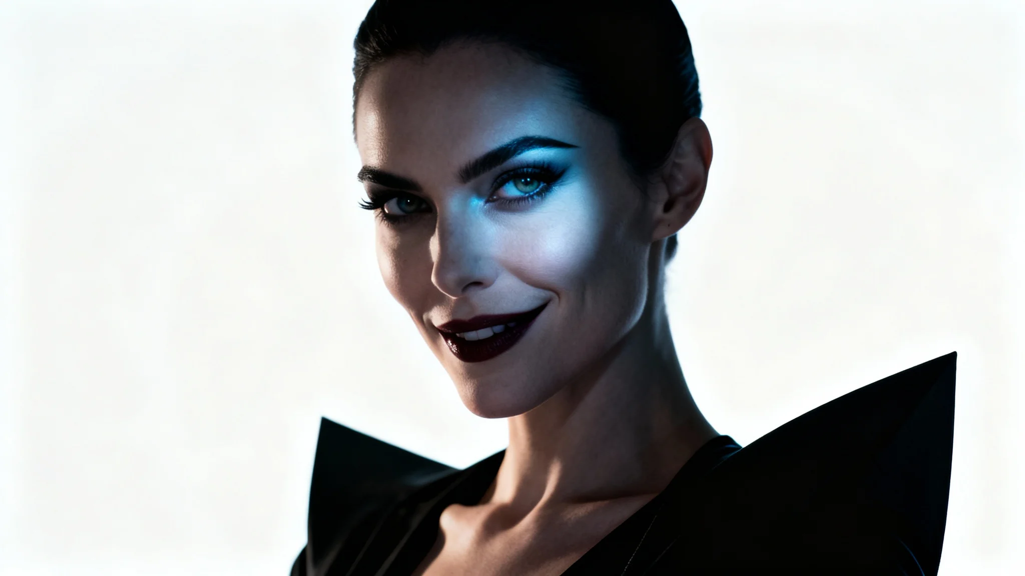 A photorealistic portrait of a menacing female villain in a stylish black outfit, smirking confidently against a plain white background with dramatic lighting.