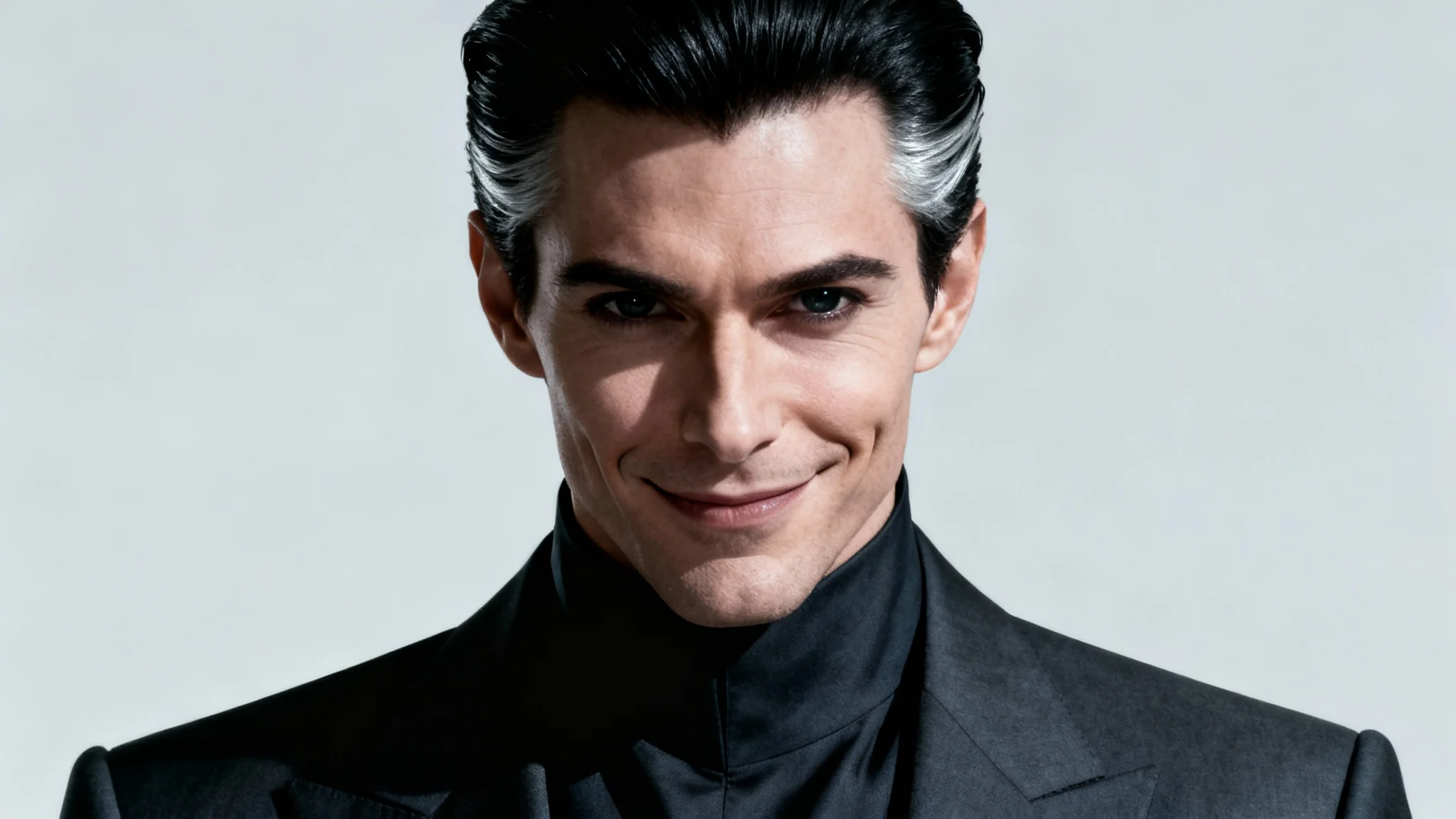 A photorealistic portrait of a sophisticated male villain in a dark suit, smirking coldly at the camera against a plain, light grey background.