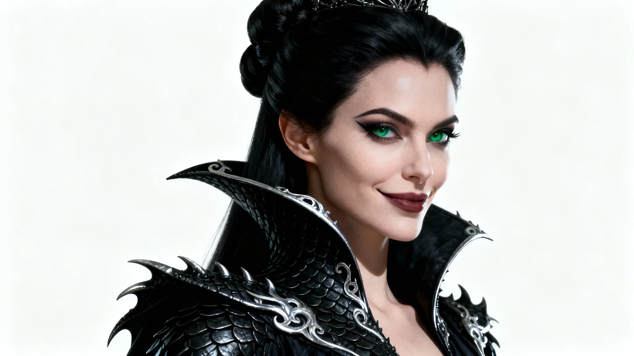 A cinematic portrait of a powerful female villain against a white background. She has elegant features, piercing green eyes, and wears a high-collared, dark fantasy-inspired outfit.