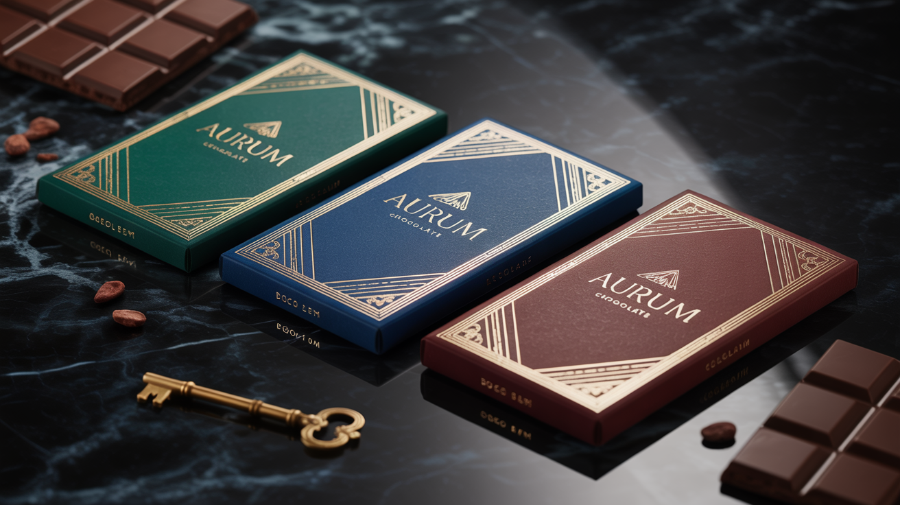 An eye-catching hero image showcasing three luxury chocolate bars with elegant packaging in jewel tones and gold foil, arranged on a dark marble surface.