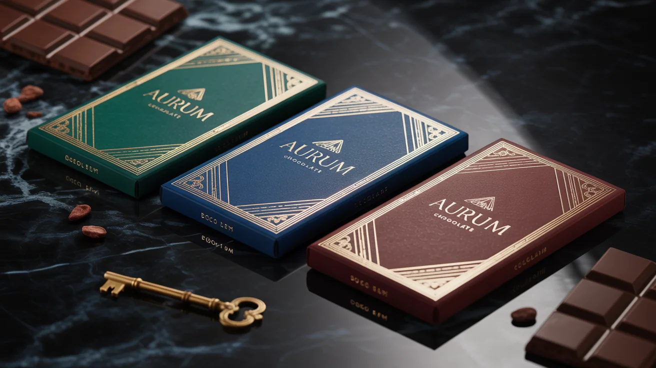 An eye-catching hero image showcasing three luxury chocolate bars with elegant packaging in jewel tones and gold foil, arranged on a dark marble surface.