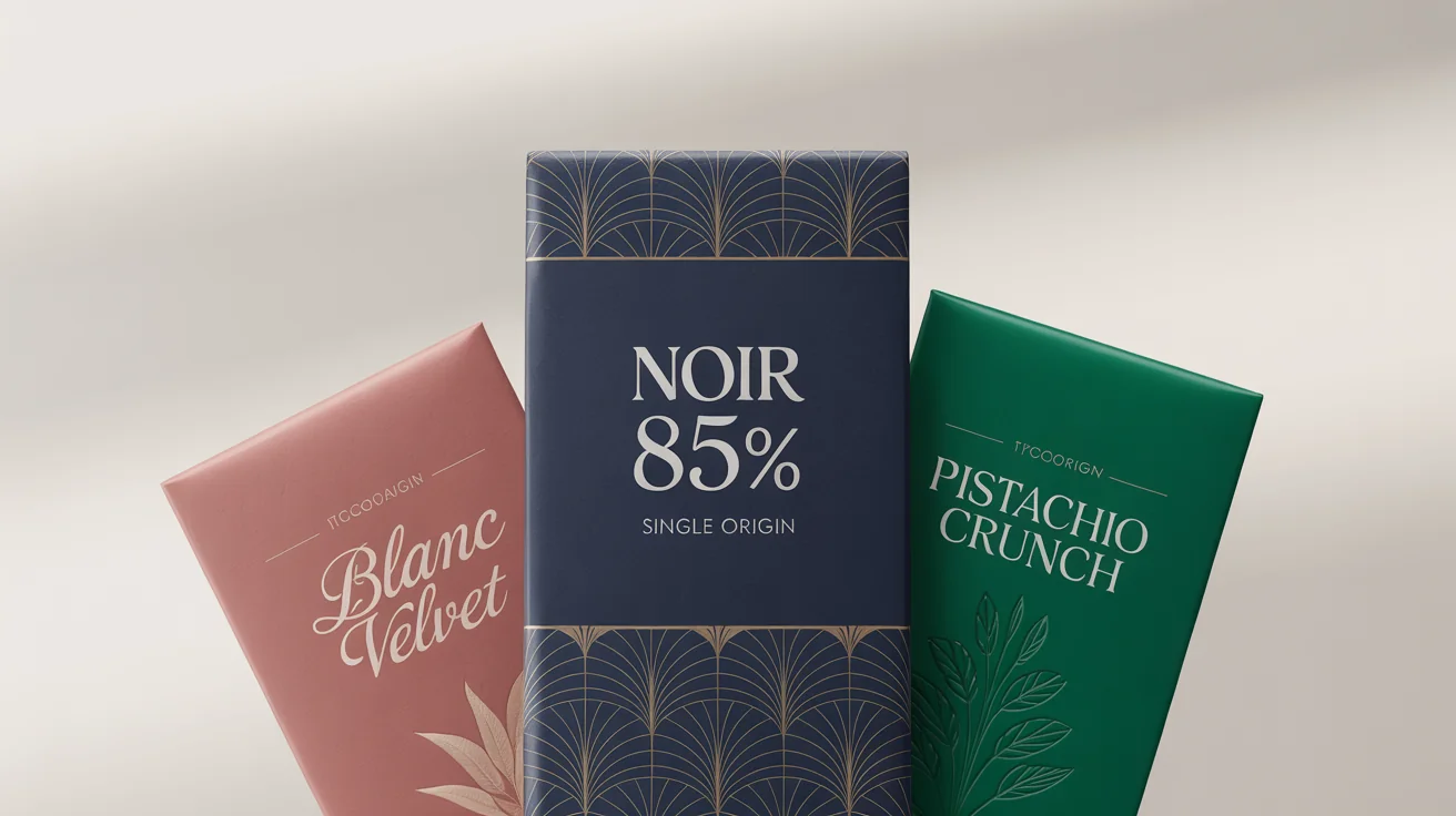 A product mockup of three luxury chocolate bars elegantly arranged on a white background. The packaging is in navy blue, dusty rose, and emerald green, all featuring elegant gold text and designs.
