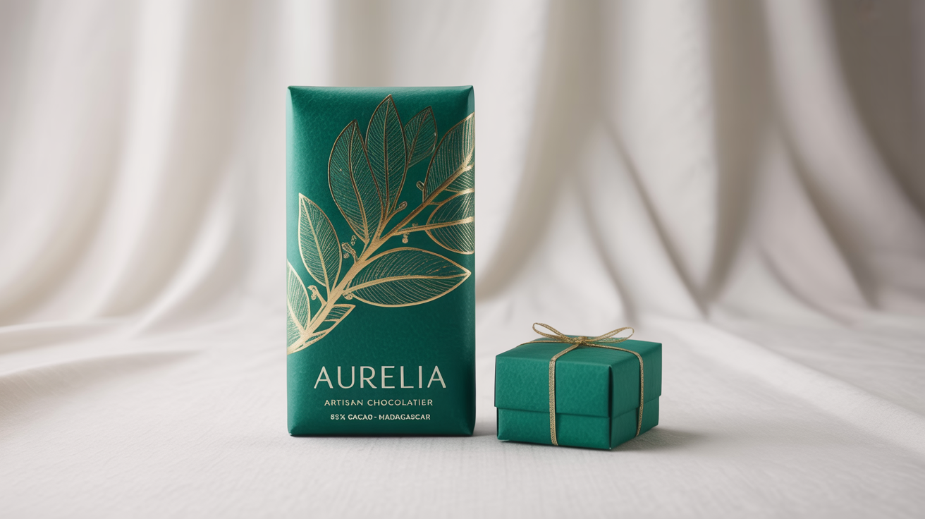 An elegant mockup of luxury chocolate packaging, featuring an emerald green and gold foil chocolate bar and a matching gift box, set against a plain white background.