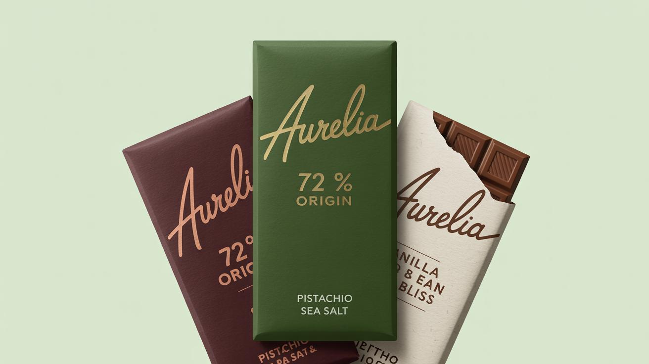 A photorealistic mockup of three luxury chocolate bars with elegant packaging in green, burgundy, and cream, featuring gold and copper foil lettering on a clean white background.