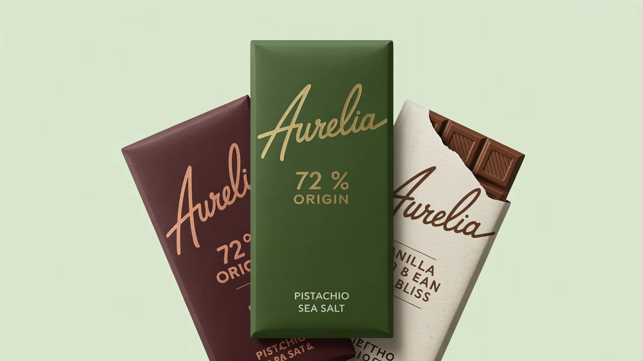 A photorealistic mockup of three luxury chocolate bars with elegant packaging in green, burgundy, and cream, featuring gold and copper foil lettering on a clean white background.