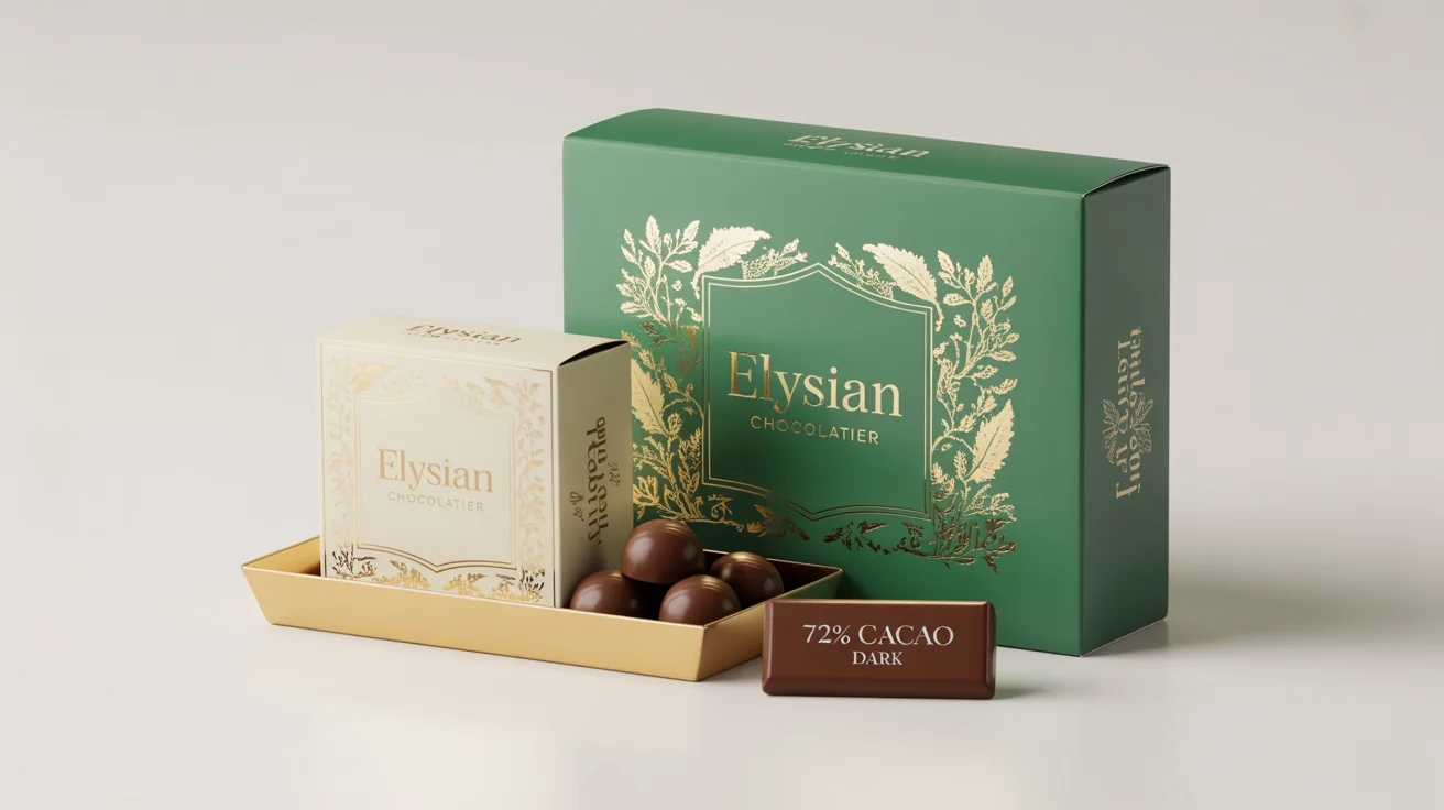 A photorealistic mockup of luxury chocolate packaging, featuring emerald green and cream boxes with gold foil details, with one box open to reveal truffles, all set against a clean white background.