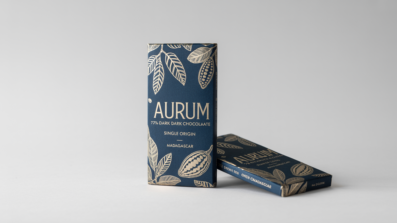 A mockup of two luxury chocolate bars with elegant navy blue and gold foil packaging, displayed against a clean white background.