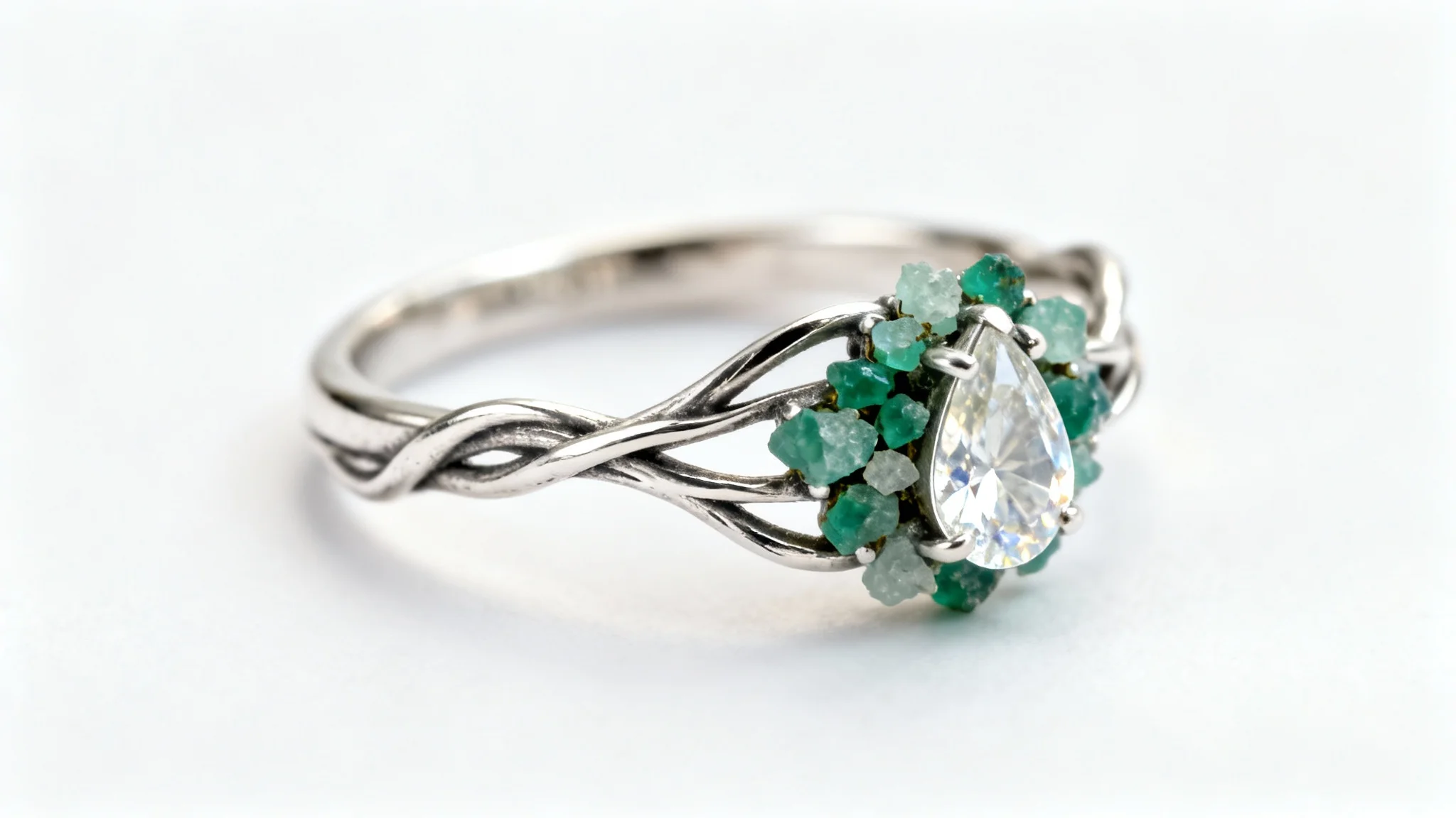 An elegant, photorealistic mockup of a silver statement ring designed to look like a vine, featuring raw emeralds and a diamond, professionally shot against a plain white background.