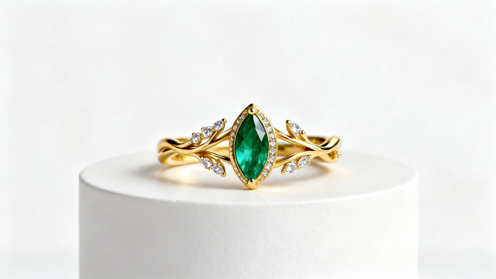 A photorealistic mockup of a luxurious gold ring designed like a vine, featuring small diamonds and a central marquise-cut emerald, displayed on a clean white background.
