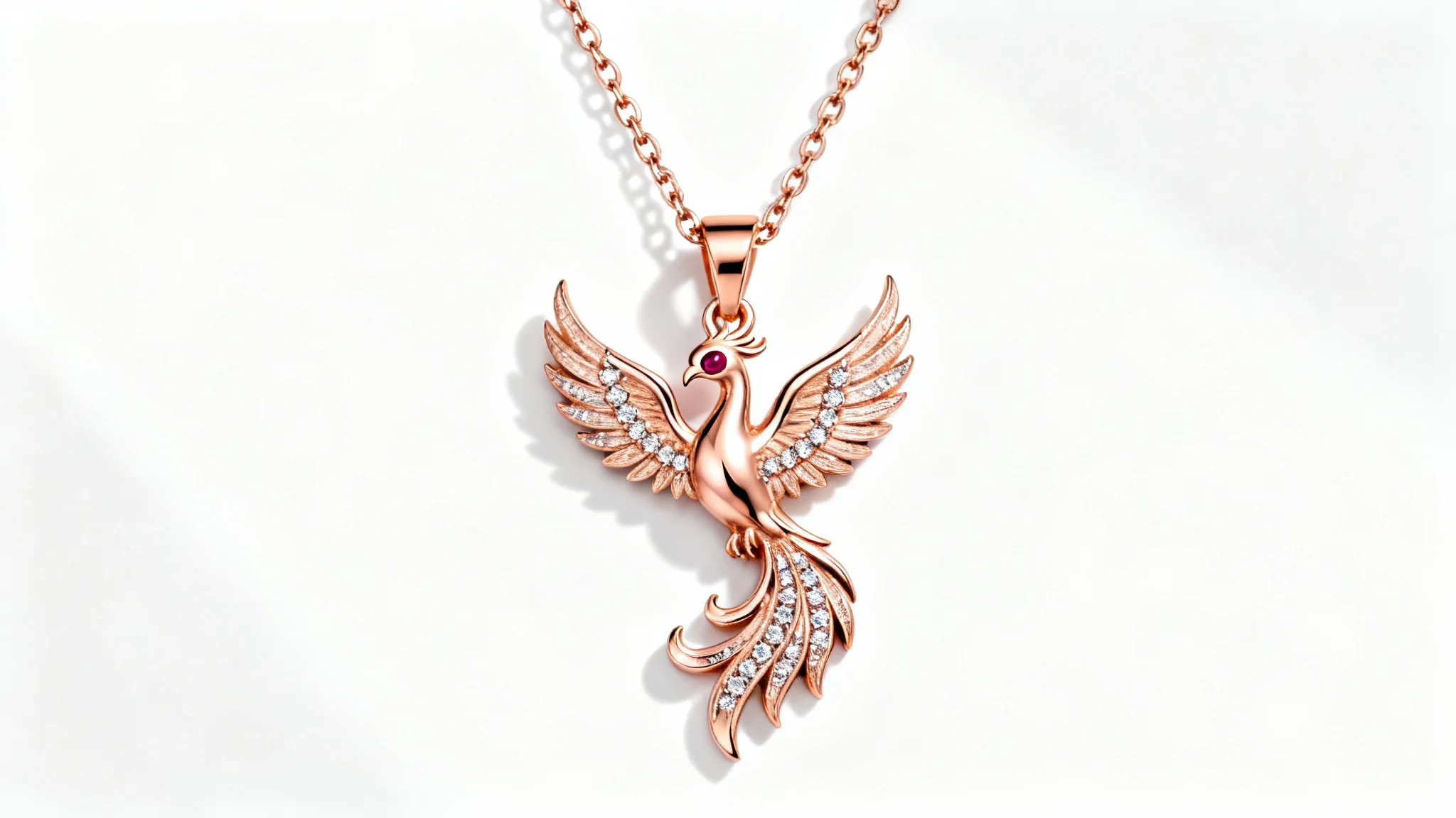 An elegant rose gold phoenix necklace with diamond-encrusted wings and a ruby eye, displayed on a minimalist white background in a professional product shot.