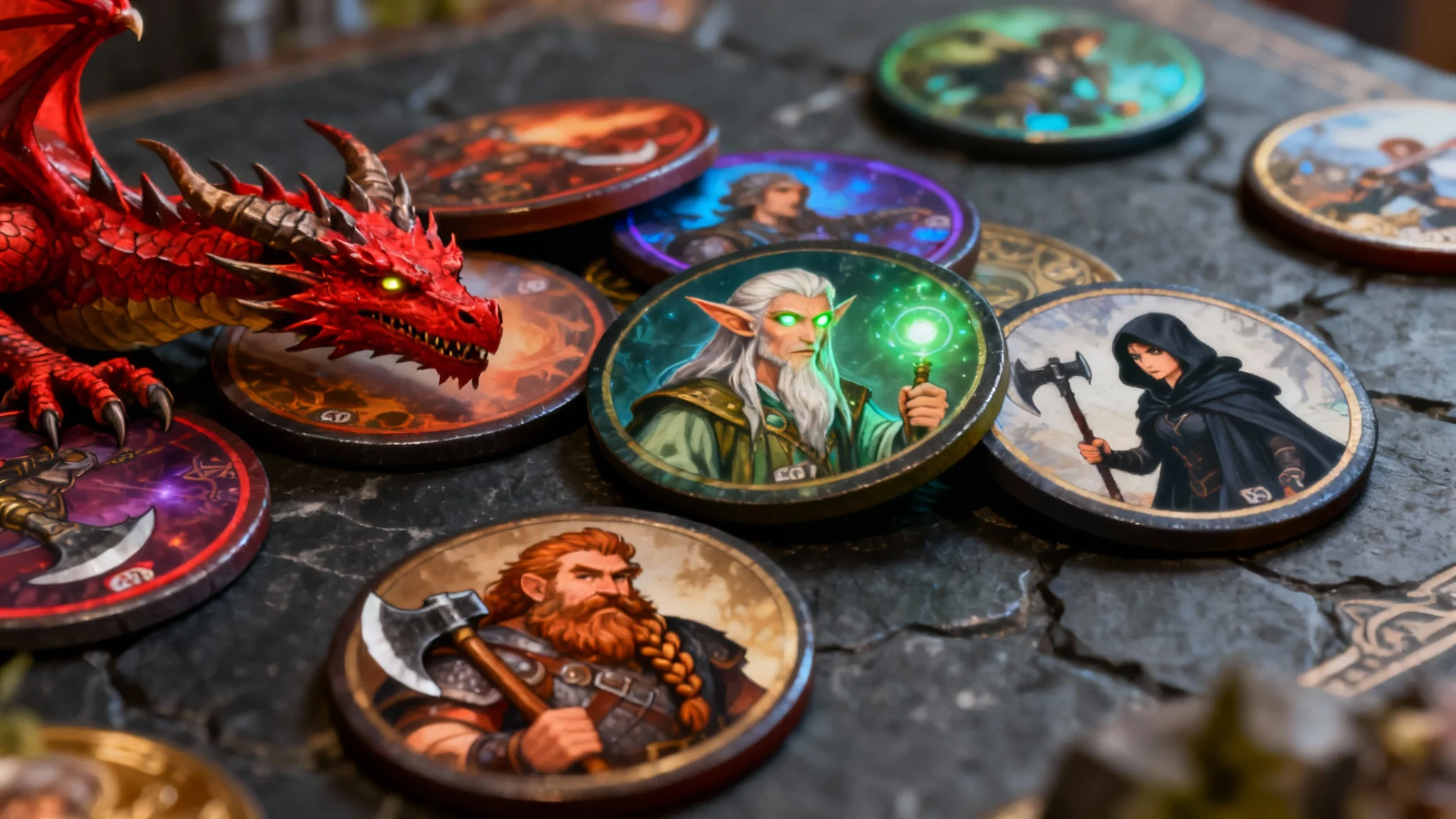 A polished collection of four digitally painted, circular Dungeons & Dragons character tokens arranged on a dark stone surface. The tokens depict a red dragon, an elf sorcerer, a dwarf warrior, and a rogue, showcasing the final output of a token generator.