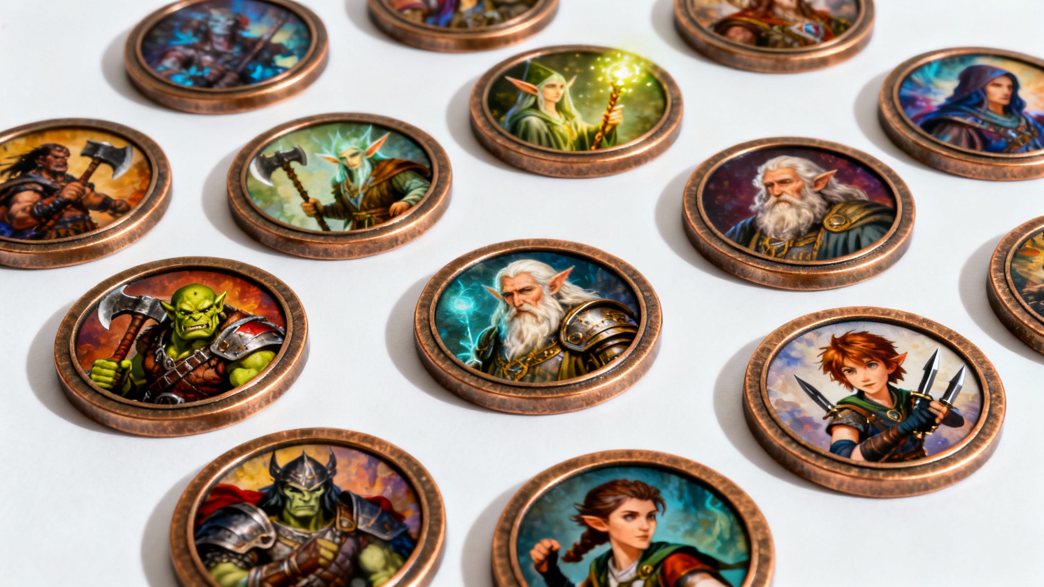 A flat lay image displaying a collection of detailed, circular D&D character tokens for various classes like orc barbarian and elf wizard, on a clean white background.