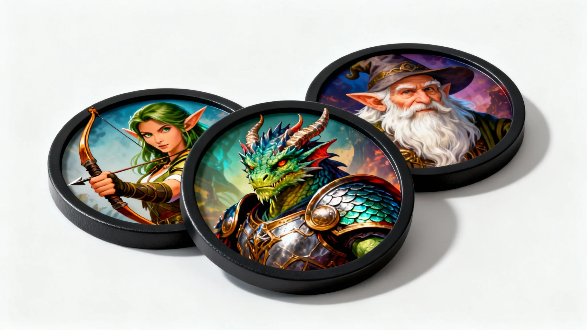 A collection of three circular, high-quality D&D character tokens displayed on a clean white background. The tokens feature detailed portraits of an elf ranger, a dragonborn paladin, and a gnome wizard.