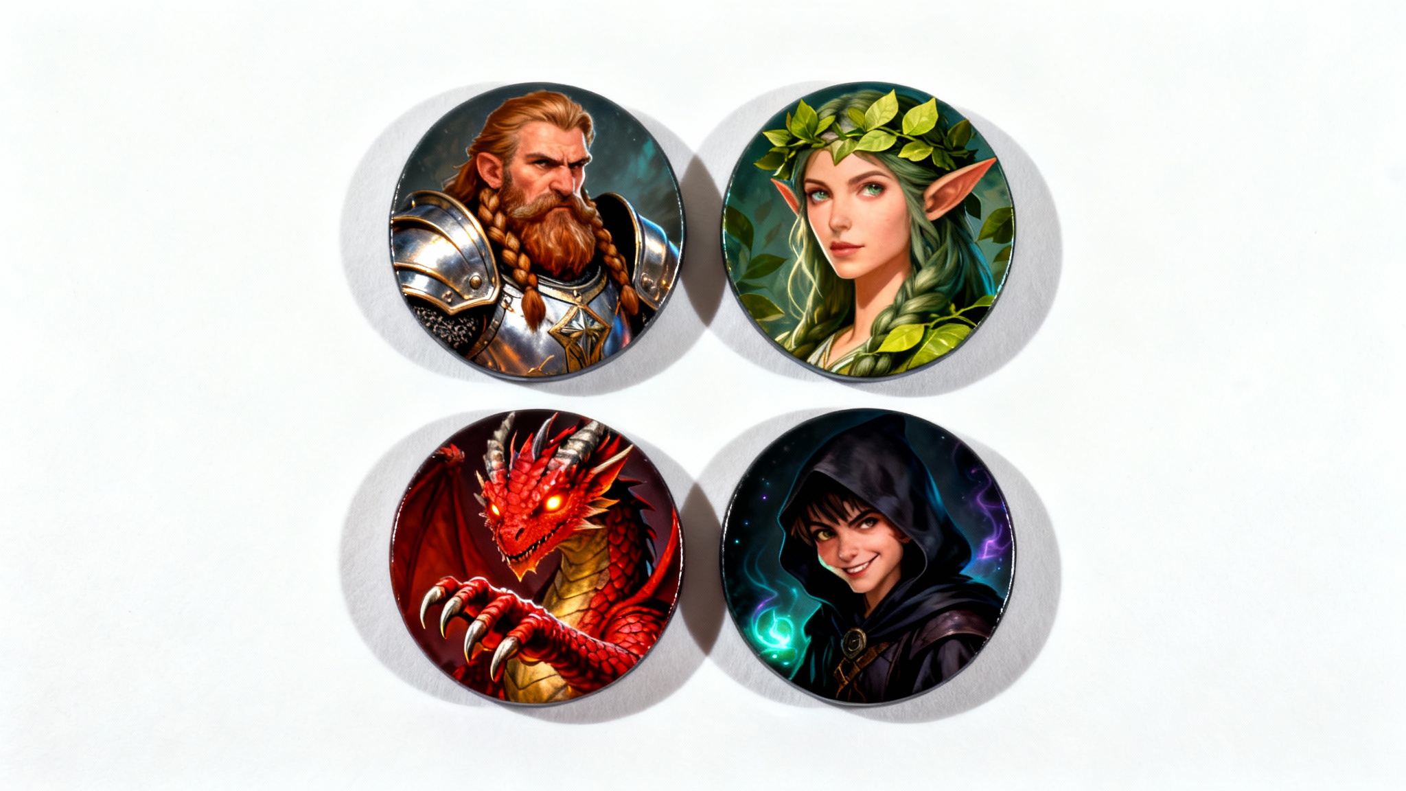A collection of four detailed, circular D&D character tokens representing a dwarf paladin, an elf druid, a dragonborn sorcerer, and a halfling rogue, displayed on a clean white background.