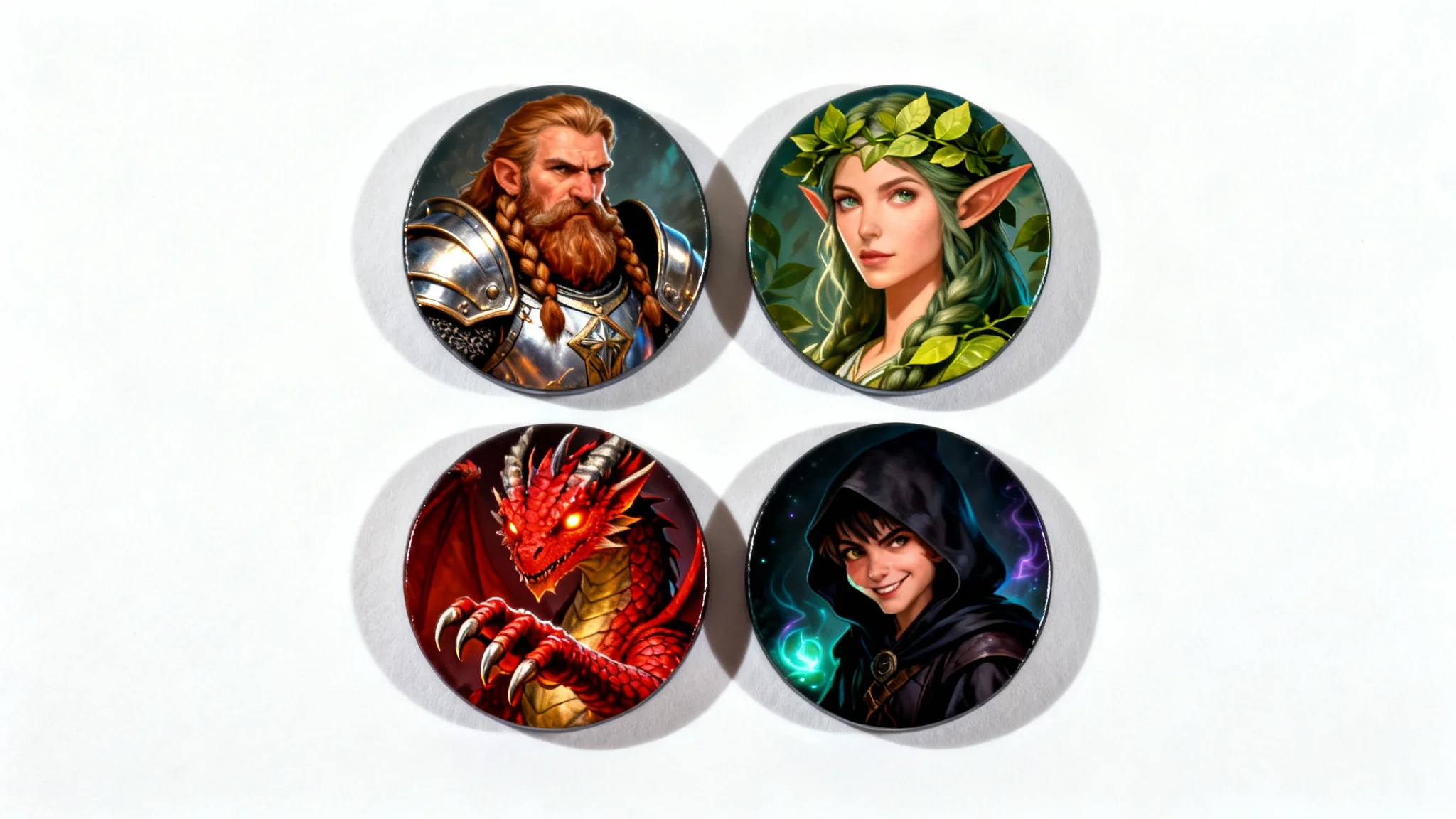 A collection of four detailed, circular D&D character tokens representing a dwarf paladin, an elf druid, a dragonborn sorcerer, and a halfling rogue, displayed on a clean white background.
