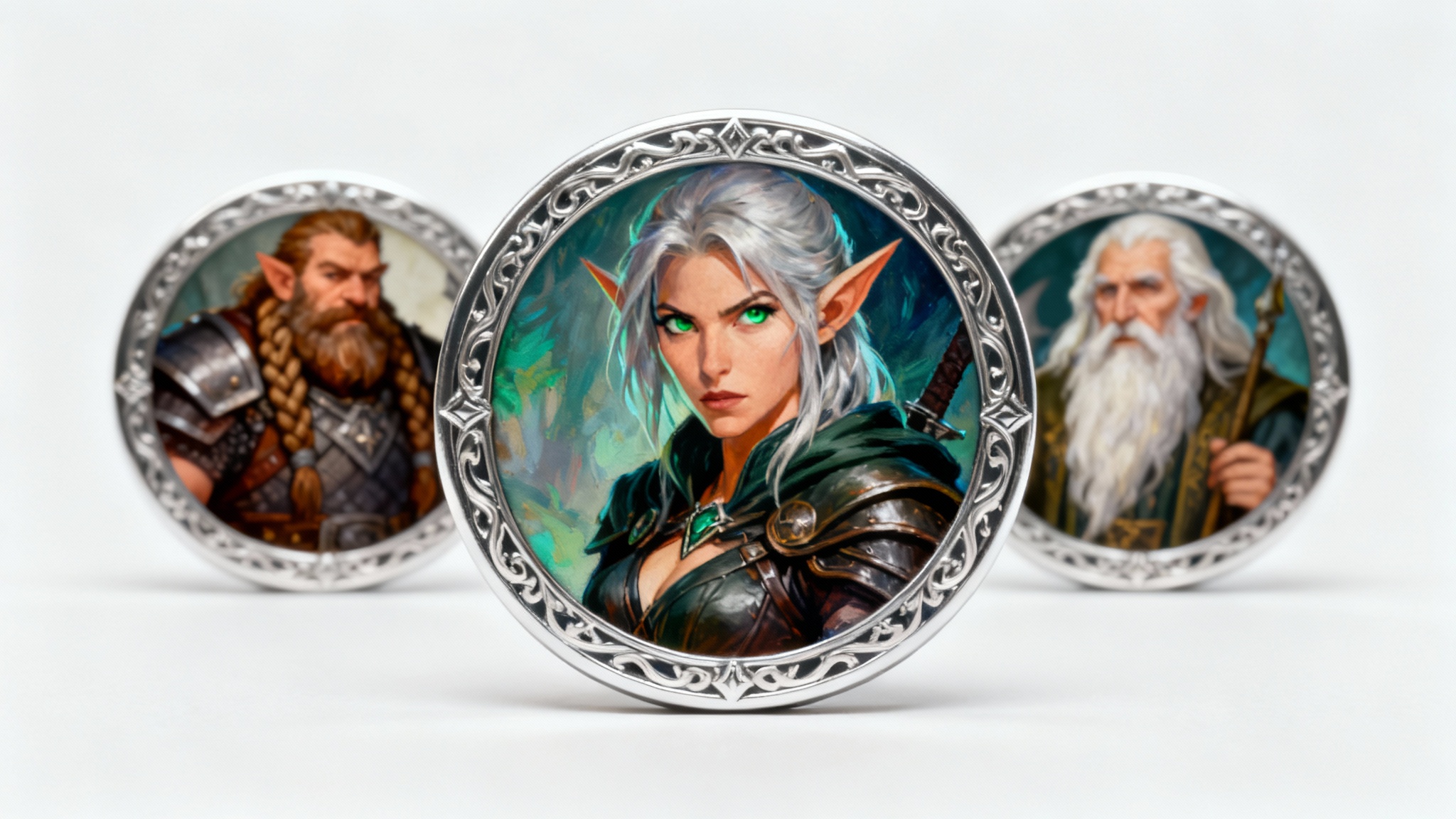 A close-up product shot of three Dungeons & Dragons character tokens on a white background. The main token in focus shows a detailed portrait of a female elf rogue.