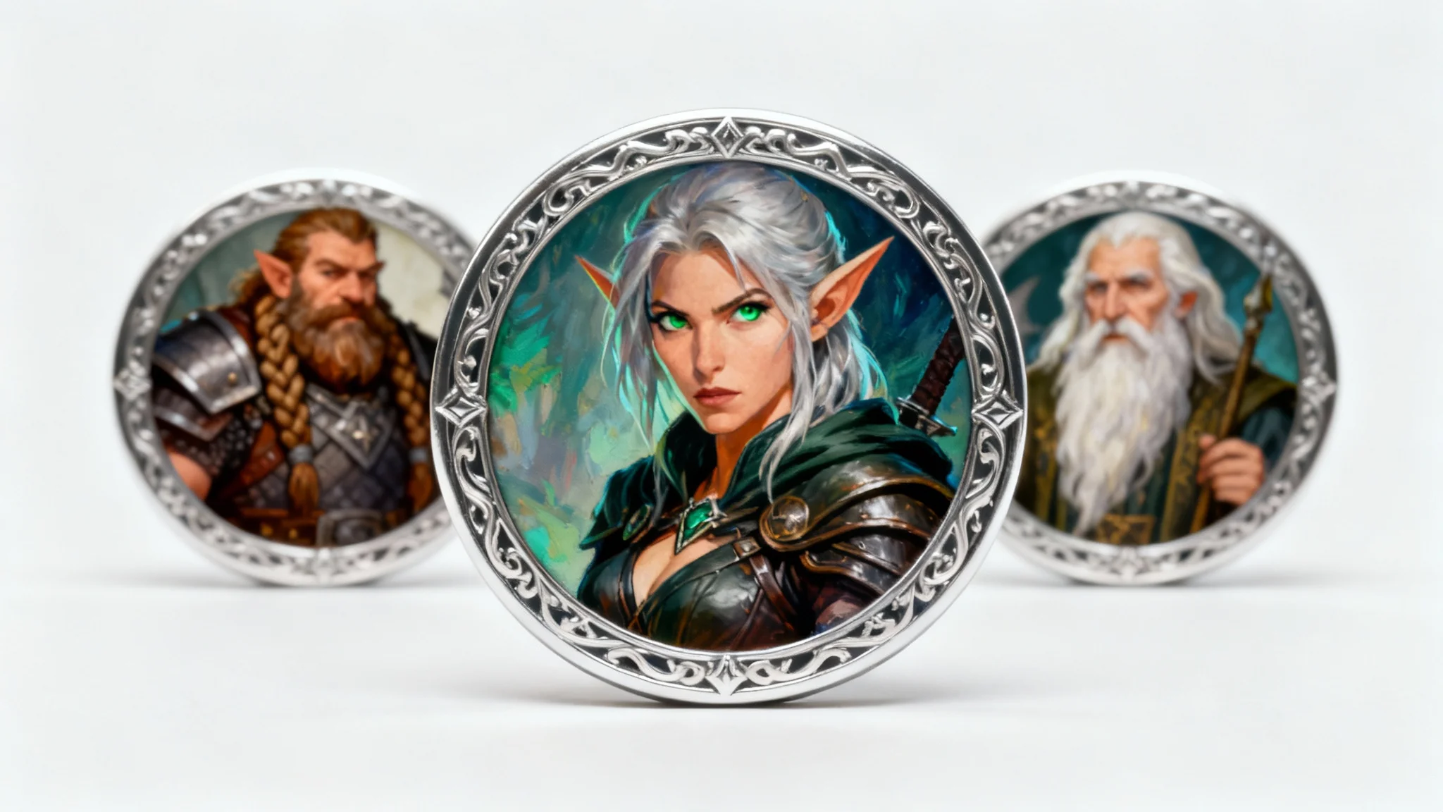 A close-up product shot of three Dungeons & Dragons character tokens on a white background. The main token in focus shows a detailed portrait of a female elf rogue.