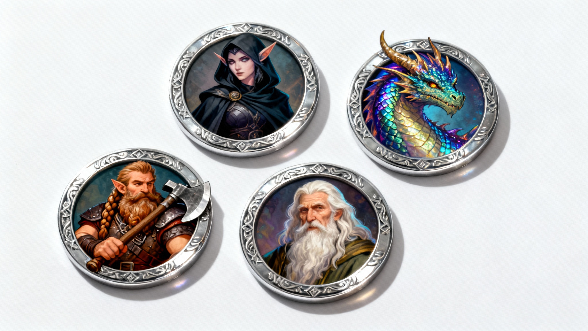 A collection of circular Dungeons & Dragons character tokens with ornate silver borders, displayed on a white background. The tokens feature detailed portraits of a dwarf warrior, an elf rogue, a dragonborn sorcerer, and a human wizard.