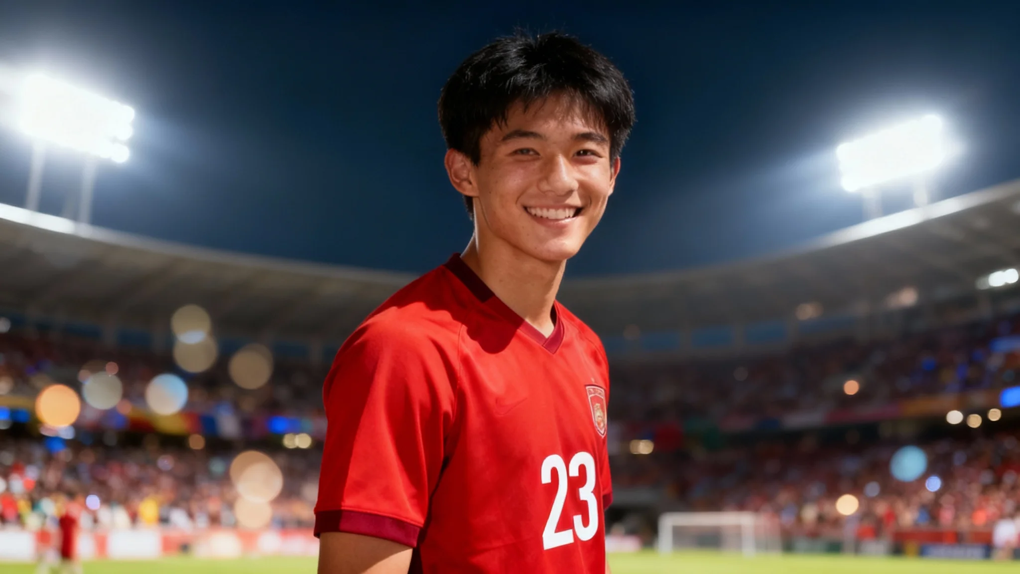 A professionally edited portrait of a young man in a red jersey with the number 23, smiling in front of a dramatically blurred stadium background at night, creating a strong bokeh effect.