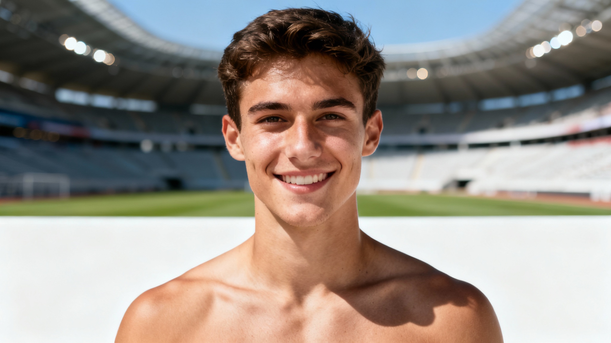 A professional headshot of a young man smiling, with the bright, blurred lights of a sports stadium in the background.
