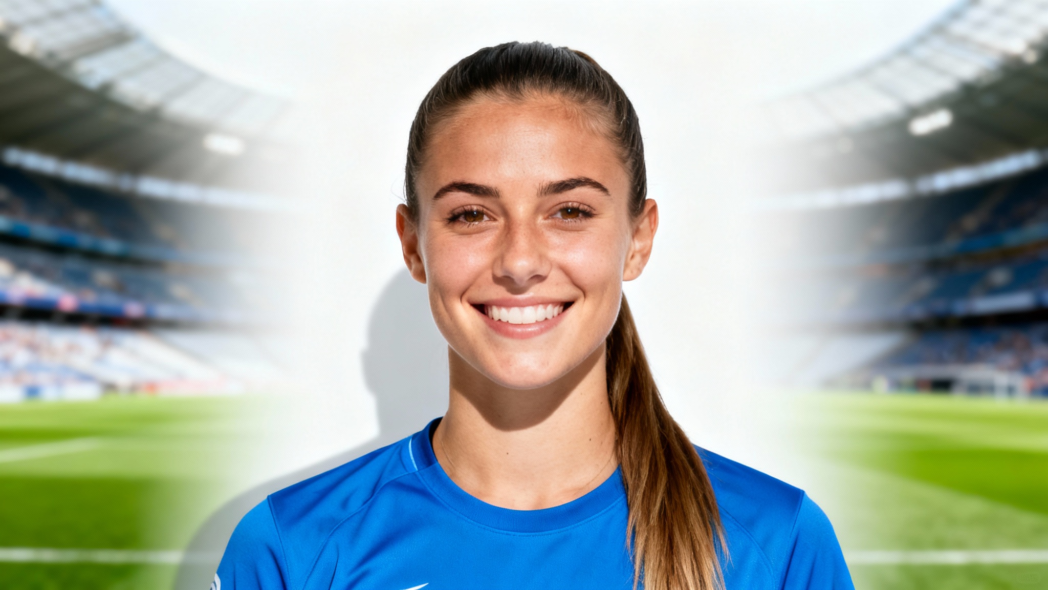A professional portrait of a smiling female athlete in a blue jersey, set against a blurred stadium background. The entire image is presented as a mockup on a clean white background.