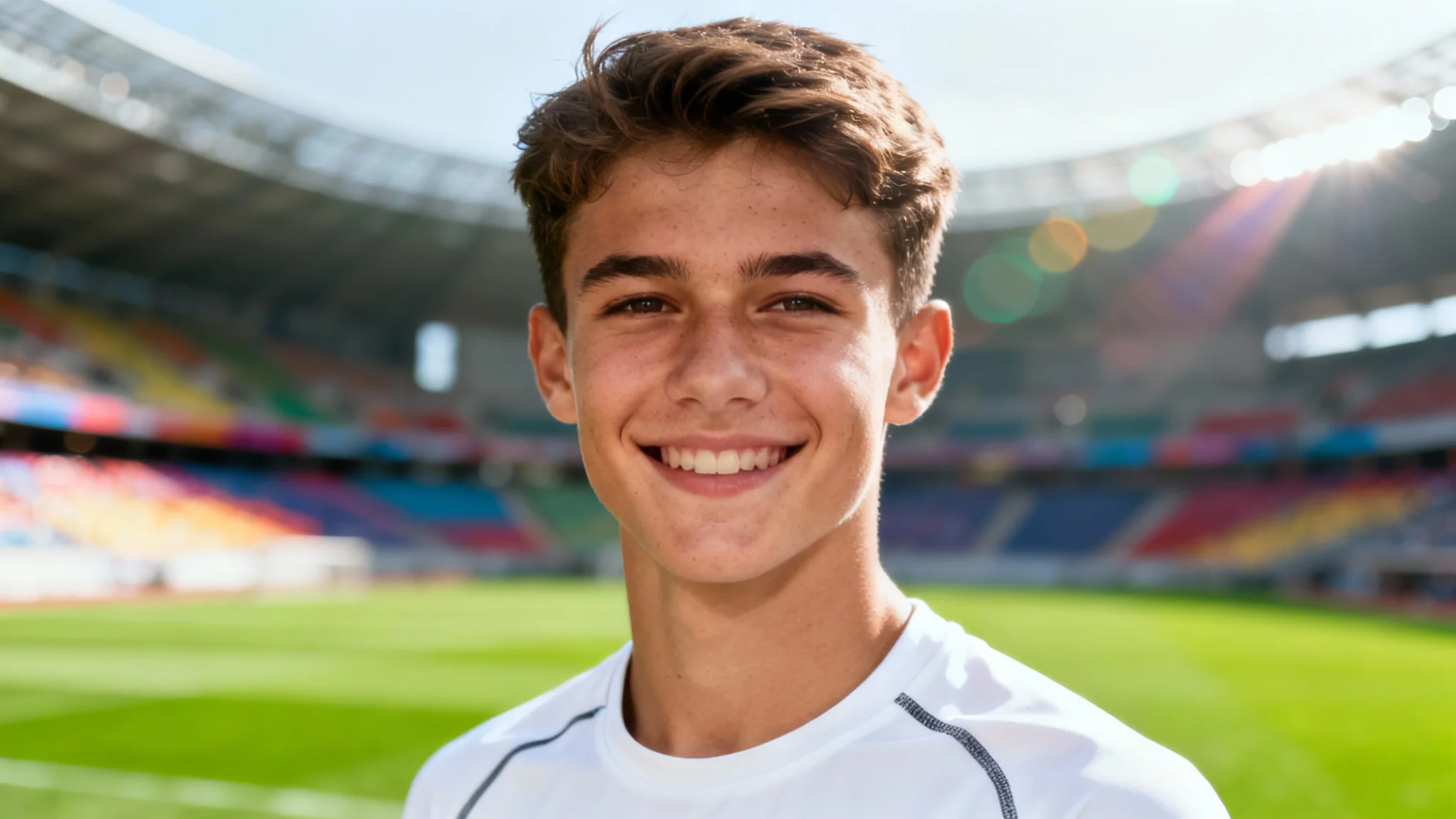 A professional portrait of a young athlete smiling, with the background of a large sports stadium softly blurred.