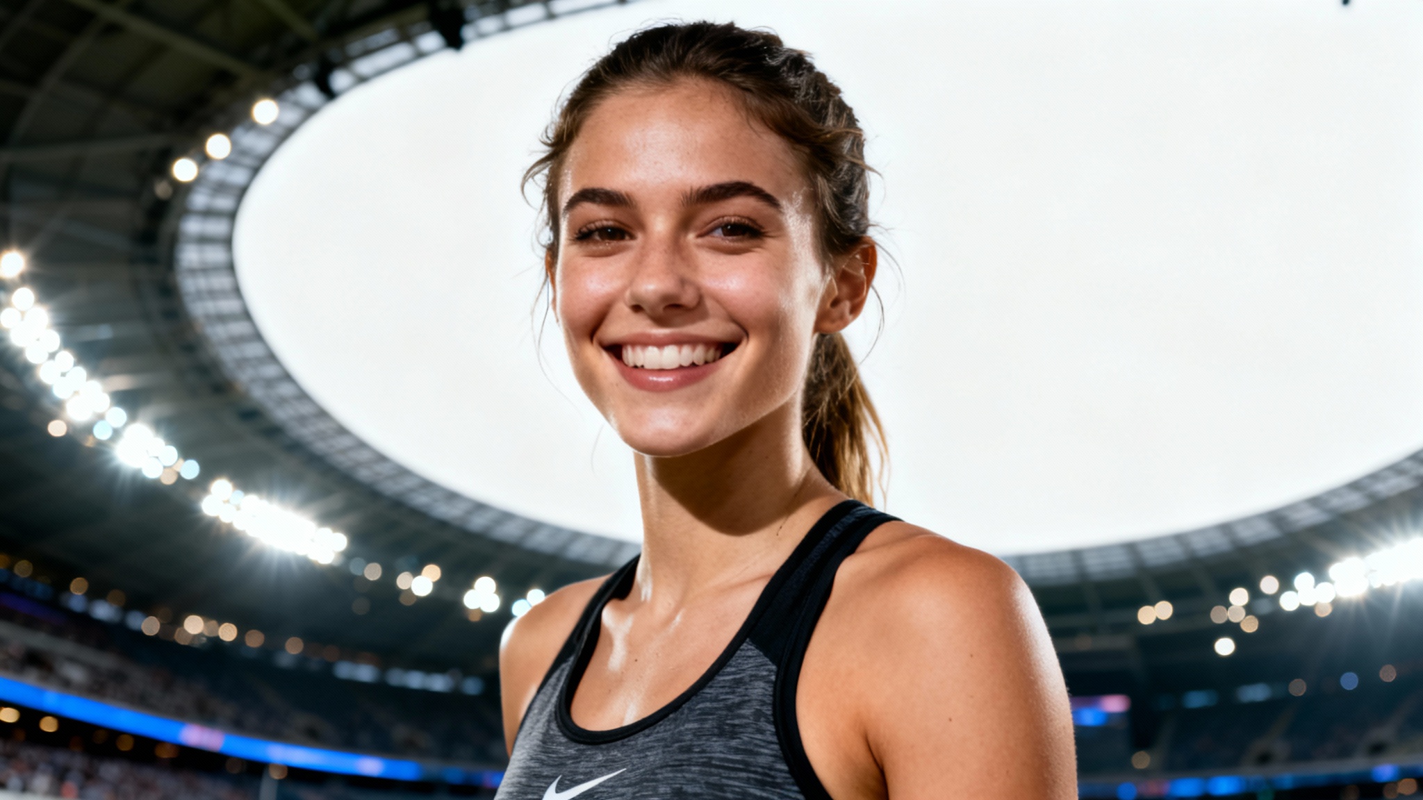 A professional portrait of a smiling young woman in athletic clothes, with the bright lights of a sports stadium blurred in the background at night.