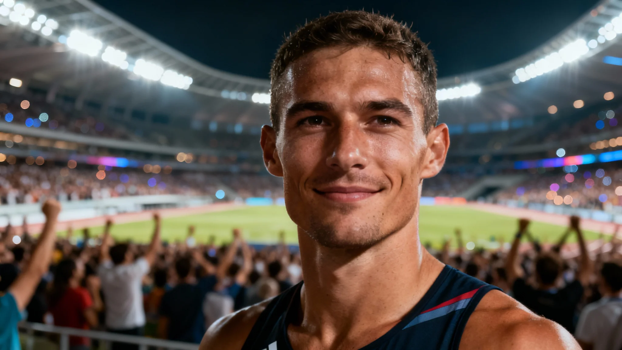 A professional close-up portrait of a confident athlete smiling, with the bright lights and crowd of a packed stadium blurred in the background.