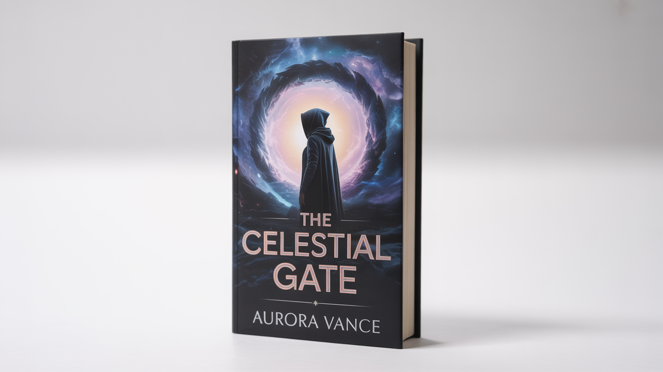 A professional 3D mockup of a fantasy hardcover book titled 'The Celestial Gate' by author 'Aurora Vance'. The book is standing upright on a clean white background, displaying its dramatic cover art of a figure before a cosmic portal.