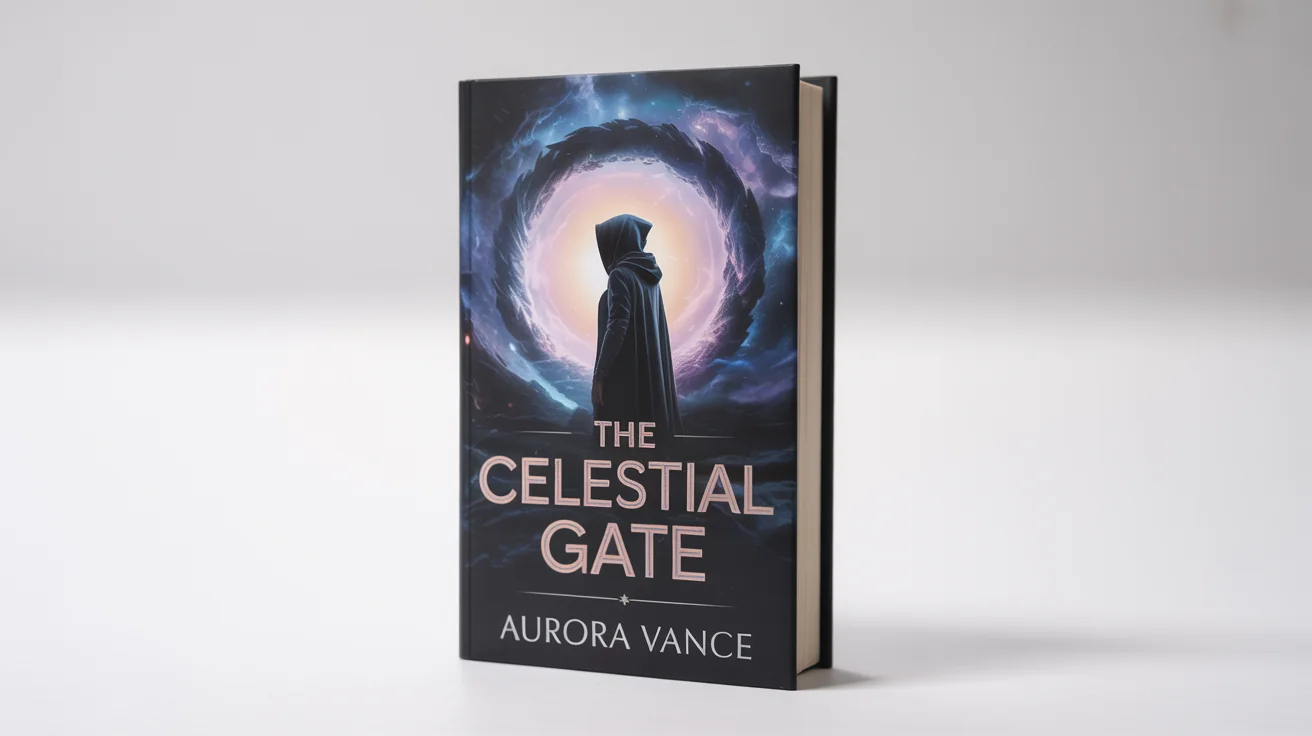 A professional 3D mockup of a fantasy hardcover book titled 'The Celestial Gate' by author 'Aurora Vance'. The book is standing upright on a clean white background, displaying its dramatic cover art of a figure before a cosmic portal.